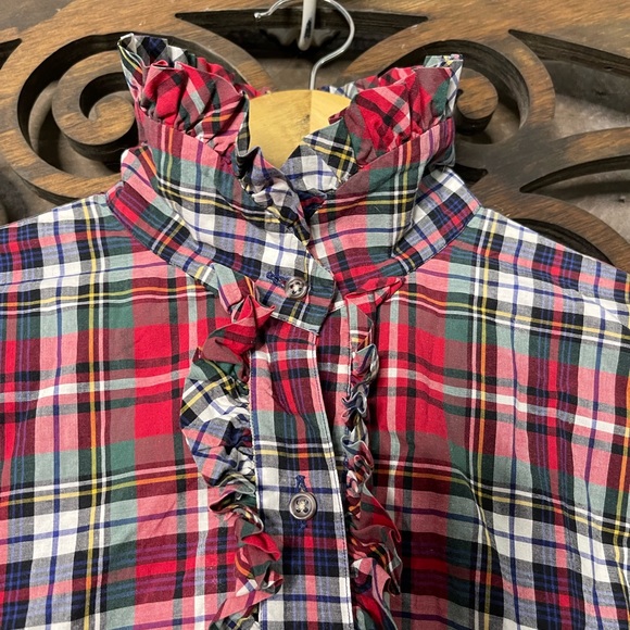 Plaid Ruffle Blouse Sz 10 Vintage Red Green Preppy Academia 1980s Chic - Picture 14 of 16